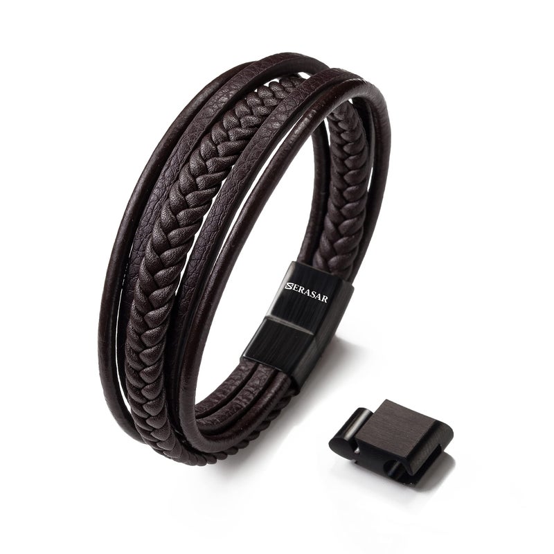SERASAR 25cm Brown Bracelets Gifts Pure Braided Cowhide Leather Flexible Multi Layer Cord Wrap Box Men Boy Male Bracelet Band Bracelets. - Image 1